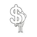 Vector illustration of businessman character holding dollar symbol. Black outline Royalty Free Stock Photo