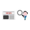 Vector businessman character holding magnifying glass and looking to newspaper Royalty Free Stock Photo
