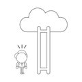 Vector businessman character looking wooden ladder with missing steps to reach cloud. Black outline