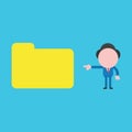 Vector illustration of businessman character pointing closed file folder on blue background