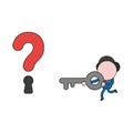 Vector illustration of businessman character running and carrying key to question mark keyhole. Color and black outlines.