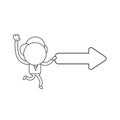Vector businessman character running and carrying arrow moving right. Black outline
