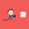 Vector illustration of businessman character walking and holding plug to outlet on red background Royalty Free Stock Photo