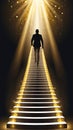 Vector illustration of a businessman climbing a golden stairs on a dark background.