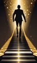 Vector illustration of a businessman climbing a golden stairs on a dark background.