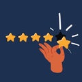 Vector illustration of Businessman hand giving five star rating, Feedback concept over dark backround Royalty Free Stock Photo
