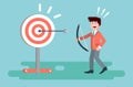 Vector illustration businessman hits target successful shot from bow advancement right solution excellent business