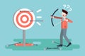 Vector illustration businessman hits target unsuccessful shot from bow regression wrong solution business failure