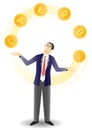 Businessman juggling crypto coins vector illustration