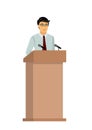 Vector Illustration of businessman orator speaking from tribune, man is giving an interview on public, speaker character Royalty Free Stock Photo