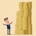 Vector illustration of businessman proudly standing near with pile of gold coins. Vector illustration. Flat style business concept Royalty Free Stock Photo