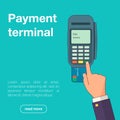 Vector illustration of businessman`s hand entering pin code on credit card, POS or a PDQ terminal in flat style for your