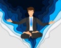 Vector illustration of businessman sitting in lotus pose. Meditating office worker on dreamy mandala background. Paper