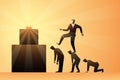 Vector illustration of businessman stepping on colleague's back to climb higher for reaching a crown