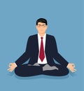 Vector illustration businessman in a suit sits in a lotus position and meditate