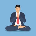 Vector illustration businessman in a suit sits in a lotus position and meditates