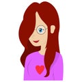 Vector illustration of a bust of a young girl in glasses with blue eyes, a smile on her face, long brown hair in a pink blouse