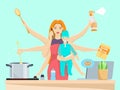 Busy multitasking woman and mom with baby vector flat illustration Royalty Free Stock Photo