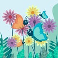 Vector Illustration of a butterfly perched and flew between colorful flowers. Insect cute vector illustration