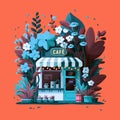 vector illustration of a cafe, flat design, flat illustration, cozy cafe, house in flowers, shop window, night city Royalty Free Stock Photo