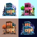 vector illustration cafe, flat design, flat illustration, cozy cafe, house in flowers, shop window, night city Royalty Free Stock Photo