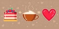 Vector illustration of cake, cappuccino cup and red heart