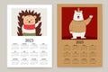 Vector illustration of the calendar year 2023. The week starts on Sunday. With a picture of a bear and a cute hedgehog