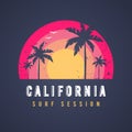 Vector Illustration California Surf Session Tshirt Design. Sunset With Palm Trees In Retro Grunge Style. Royalty Free Stock Photo