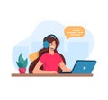 Vector illustration call center specialist. Woman with headphones and microphone with laptop. Royalty Free Stock Photo