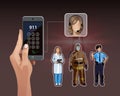 Vector illustration of calling 911. Doctor, firefighter, policeman. Emergency concept