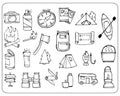 vector illustration, camping icons set, black outline Royalty Free Stock Photo