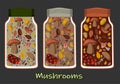 Vector illustration canned food set, collection. Tomato soup, chicken soup, sweet peas, golden corn and mushrooms. Metal tin can Royalty Free Stock Photo