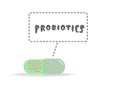 Vector illustration of a capsule with a shadow of Lactobacillus and bifidobacteria probiotics with a text frame.