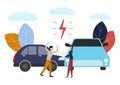 Vector illustration, car accident, flat style, people drivers man and woman swear, non-compliance with traffic rules