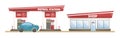 Vector illustration of a car filling station with a shop. Cars at the petrol station