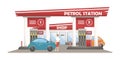 Vector illustration of a car filling station with a shop. Cars at the petrol station