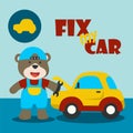 Vector illustration of car repair shop cartoon with funny mechanic. Vector childish background for fabric textile, nursery Royalty Free Stock Photo