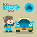 Vector illustration of car repair shop cartoon with funny mechanic. Vector childish background for fabric textile, nursery Royalty Free Stock Photo