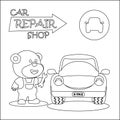 Vector illustration of car repair shop cartoon with funny mechanic. Cartoon isolated vector illustration, Creative vector Childish Royalty Free Stock Photo