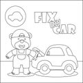 Vector illustration of car repair shop cartoon with funny mechanic. Cartoon isolated vector illustration, Creative vector Childish Royalty Free Stock Photo
