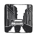 Vector illustration of car on the street on linocut style. Sketch with night city and auto with lights on Royalty Free Stock Photo