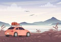 Vector illustration of car with travel bags near lake and mountains. Road trip, vacation concept in flat style.