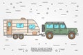 Vector illustration of car and travel trailers. Summer trip family travel concept. Thin line icon. Vector.