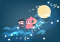 Vector illustration card for chinese valentine Qixi festival with couple of cute cartoon characters standing on bridge holding Royalty Free Stock Photo