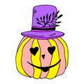 Halloween card with yellow pumpkin isolated on white background. Funny doodle art. Jack lantern in wizard hat and heart eyes. Royalty Free Stock Photo