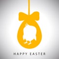 Vector illustration card of Hanging easter orange egg with bow and silhouette of newborn chicken