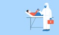 Vector illustration. Caring doctor in white protective suit and patient holding hands. Man lying in hospital bed