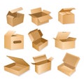 Vector illustration of carton packaging box. Realistic brown cardboard delivery packages isolated on white background.