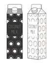 Vector illustration of carton packaging for vegan milk in black and white. Packaging design idea. For vegan shops, logos, posters