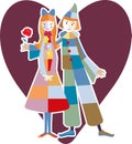 Vector illustration of cartoon abstract couple of colorful loving clown and cute smiling doll